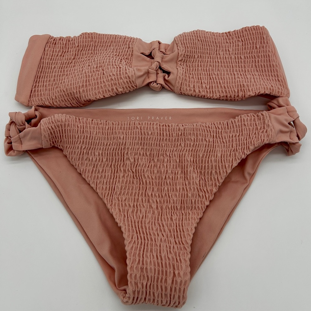 Tori Praver Pink Smocked Bikini 2 Piece Swimsuit Medium Top Large Bottoms